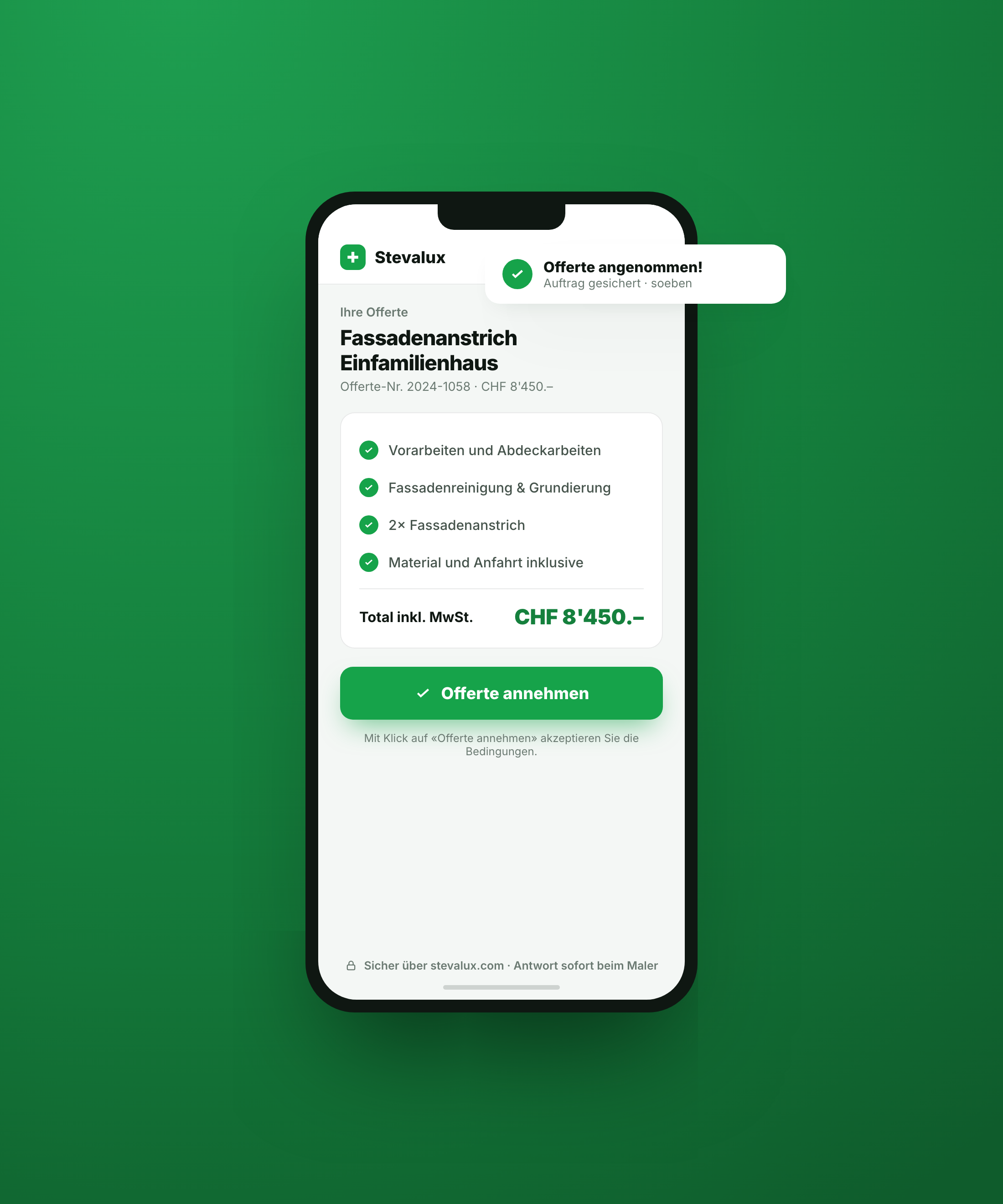 Online-Annahme der Offerte auf dem Handy